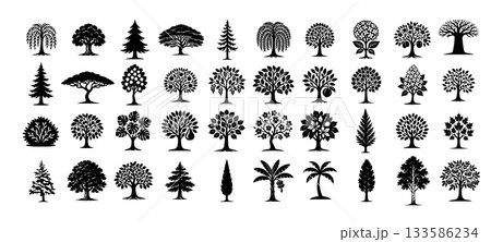 A set of different trees. Hand drawn. Not AI, vector illustration. 133586234