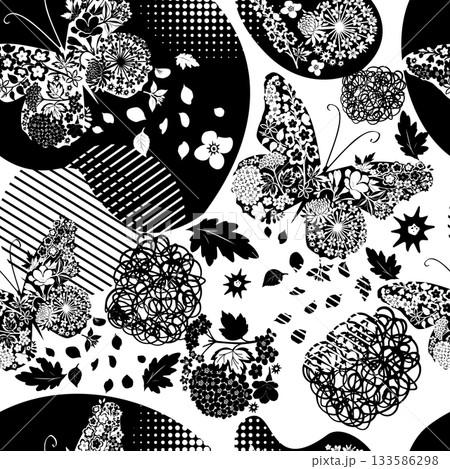 monochrome floral pattern with butterflies and flowers . Hand drawn. Not AI, vector illustration. 133586298