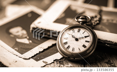 懐中時計と古い写真の静物 ／ 時の流れと記憶をテーマにしたノスタルジックなイメージ 133586355