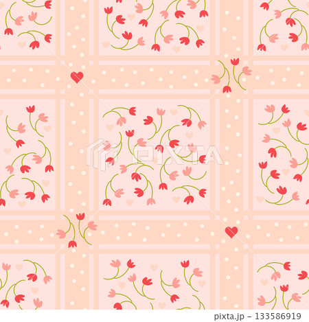 Delicate little floral seamless pattern with small tulip flowers, tiny hearts and ribbon plaid in polka dots. Design for feminine romantic backgrounds,  wedding invitations, fabric and wallpaper or 133586919