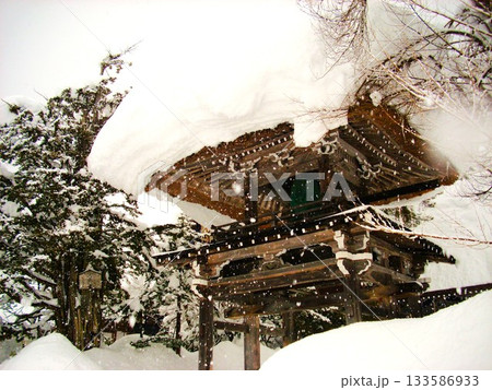 冬の白川郷　明善寺鐘楼門 133586933