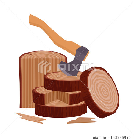 Cartoon wooden logs with ax. Lumberjack workplace, wood chopping, firewood wooden logs flat vector background illustration. Stacked woodwork on white background Cartoon wooden logs with ax. Lumberjack workplace, wood chopping, firewood wooden logs flat vector background illustration. Stacked woodwork on white background 133586950