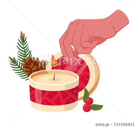 Christmas aromatic candle. Cartoon xmas wax candle, winter holidays cozy aroma decorated candle flat vector illustration. Xmas candle isolated on white background 133586951