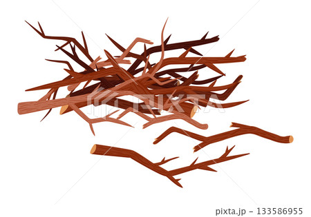 Stack of brushwood. Cartoon firewood materials for camping bonfire, pile of wood logs flat vector illustration. Stacked brushwood isolated on white background 133586955