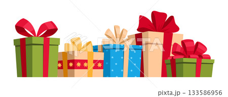 Winter holiday gift boxes. Wrapped Christmas gifts, holidays surprises in boxes with silk bows flat vector illustration. Cartoon Birthday or xmas gift boxes on white background 133586956