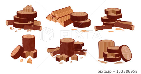 Wooden logs. Cartoon firewood piles and stacked bonfire firewoods, wood industry materials, stacked brushwood and firewood flat vector illustration set. Wooden fireplace collection on white Wooden logs. Cartoon firewood piles and stacked bonfire firewoods, wood industry materials, stacked brushwood and firewood flat vector illustration set. Wooden fireplace collection on white 133586958
