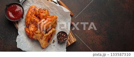 Roasted grilled chicken wings dipping sauce ketchup wooden cutting board barbecue bbq copy space Roasted grilled chicken wings dipping sauce ketchup wooden cutting board barbecue bbq copy space 133587310