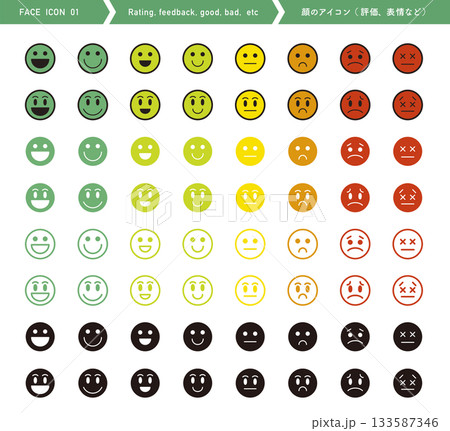 感情での評価。顔文字のアイコン。絵文字のフィードバック。満足、良い、悪いなどのレビュー。 133587346
