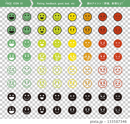 感情での評価。顔文字のアイコン。絵文字のフィードバック。満足、良い、悪いなどのレビュー。 133587346