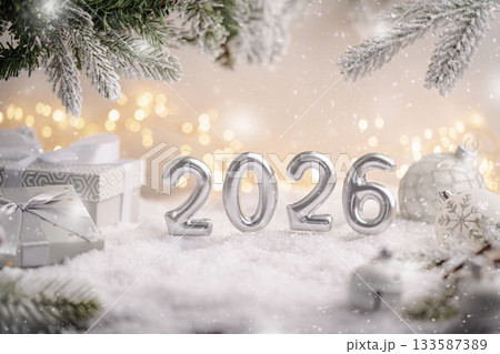 Silver 2026 New Year Scene with Gifts and Ornaments in Snow Silver 2026 New Year Scene with Gifts and Ornaments in Snow 133587389