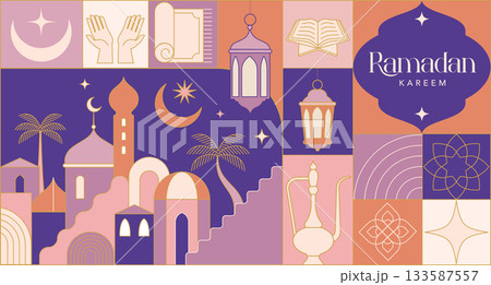 Ramadan Kareem background in modern geometric style. Islamic greeting card, poster and banner Ramadan Kareem background in modern geometric style. Islamic greeting card, poster and banner 133587557