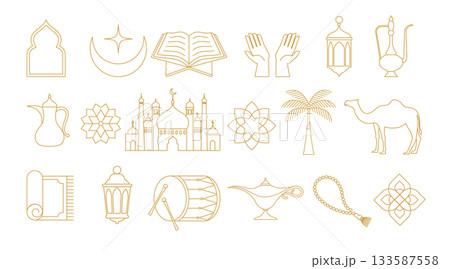 Ramadan Kareem design elements collection in Art Deco style. Modern Islamic linear icons set. Ramadan Kareem design elements collection in Art Deco style. Modern Islamic linear icons set. 133587558