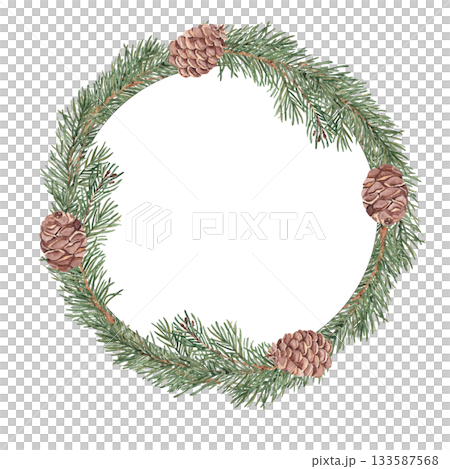 Watercolor fir, pine branches and cones wreath, circle frame. Hand drawn watercolor illustration of winter plants. Perfect for Christmas or New Year designs, winter decoration, invitations, cards and 133587568