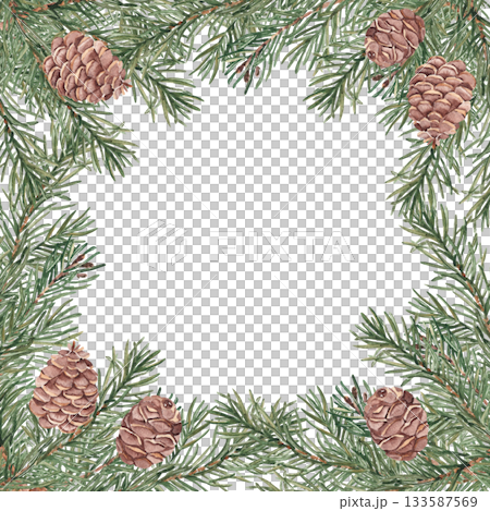 Fir branches with cones square frame, border. Hand drawn watercolor illustration of pine. Perfect for Christmas and New Year design, winter invitations, cards, coniferous product design and natural Fir branches with cones square frame, border. Hand drawn watercolor illustration of pine. Perfect for Christmas and New Year design, winter invitations, cards, coniferous product design and natural 133587569
