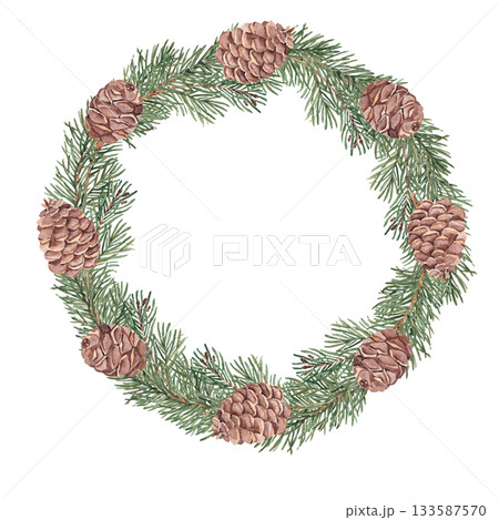 Watercolor fir, pine branches and cones wreath, circle frame. Hand drawn watercolor illustration of winter plant. Perfect for Christmas or New Year design, winter decoration, invitations, cards, and 133587570