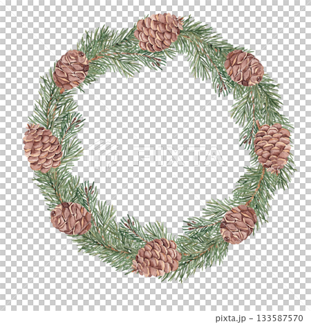 Watercolor fir, pine branches and cones wreath, circle frame. Hand drawn watercolor illustration of winter plant. Perfect for Christmas or New Year design, winter decoration, invitations, cards, and 133587570