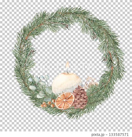 Christmas Advent Wreath with fir, pine branches, dried Orange and Candle. First Advent. Hand drawn Illustration in rustic style isolated on white background. For Cards, Invitations and prints. 133587571