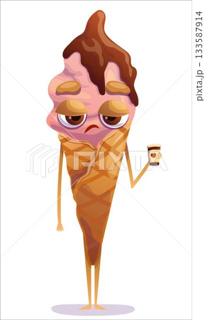 A disgruntled, colorful ice cream cone with coffee in hand. Ice cream, cone, sweetness, character, emotion, dissatisfaction A disgruntled, colorful ice cream cone with coffee in hand. Ice cream, cone, sweetness, character, emotion, dissatisfaction 133587914