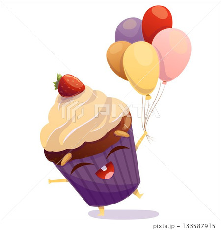 Vector illustration of a cheerful cake holding balloons. Cake, character, holiday, vector, joy, fun, balloons, birthday Vector illustration of a cheerful cake holding balloons. Cake, character, holiday, vector, joy, fun, balloons, birthday 133587915