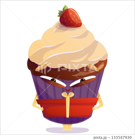 Vector illustration of a cheerful cake holding a gift. Cake, character, gift, holiday, vector, joy, sweet, fun 133587930