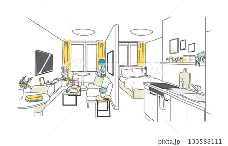 パーテーションで仕切られたおしゃれな暮らしの部屋イラスト 133588111