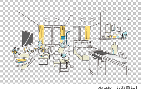 時尚客廳的插圖，客廳被隔板分隔開來 133588111