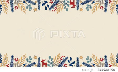 トナカイや星をあしらった、レトロカラーの冬のボタニカルボーダー 133588150