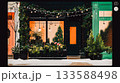 Festive Winter Scene of a Cozy Shopfront. Illustration depicts a shopfront decorated for the holidays, with snow falling gently and warm lights glowing. Wintertime cozy scene This is AI-generated item 133588498
