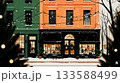 Festive Winter Scene of a Cozy Shopfront. Illustration depicts a shopfront decorated for the holidays, with snow falling gently and warm lights glowing. Wintertime cozy scene This is AI-generated item 133588499