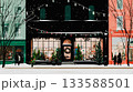 Winter scene of a shop decorated for Christmas. A charming illustration depicts a shopfront adorned with festive decorations during a snowy winter evening, a cozy atmosphere This is AI-generated item 133588501