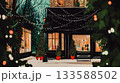 Festive Winter Scene of a Cozy Shopfront. A shopfront decorated for the holidays, with snow falling gently and warm lights glowing. Wintertime cozy scene. This is AI-generated item 133588502