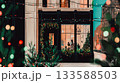 Festive Winter Scene of a Cozy Shopfront. A charming illustration depicts a shopfront decorated for the holidays, with snow falling gently and warm lights glowing. This is AI-generated item 133588503