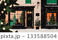 Festive Winter Scene of a Cozy Shopfront. A charming illustration depicts a shopfront decorated for the holidays, with snow falling and lights glowing. Wintertime cozy scene. This is AI-generated item 133588504