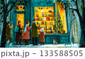 People admiring a Christmas display at a bookstore in winter. A charming illustration depicts a group of people gazing at a store window adorned with garlands This is AI-generated item 133588505