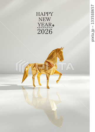 2026 年賀状 金色の折り紙の馬 133588657