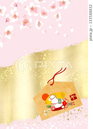 桜と金箔の背景に午年の絵馬が描かれた華やかでめでたい和風の背景素材 桜と金箔の背景に午年の絵馬が描かれた華やかでめでたい和風の背景素材 133588832