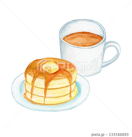 手描き水彩のコーヒーとホットケーキのイラスト 133588893