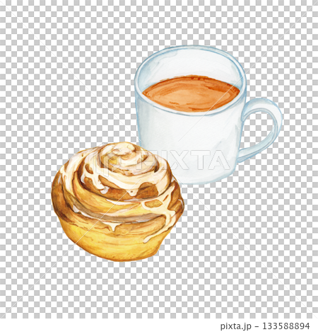 Hand drawn watercolor coffee and cinnamon roll illustration Hand drawn watercolor coffee and cinnamon roll illustration 133588894
