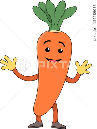 Cute Carrot Character with Happy Expression and Green Leaf Top in Fun Cartoon Illustration 133589058