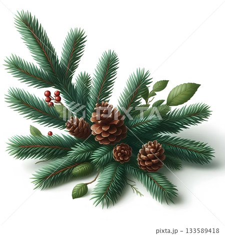 Christmas tree branch with cones isolated over white. New year element design Christmas tree branch with cones isolated over white. New year element design 133589418