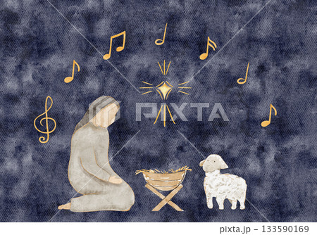 Kneeling Mary, manger, crown, lamb, glowing golden star, notes above. Hand-painted watercolor nativity illustration on textured blue, ideal for Christmas cards, devotionals, holiday designs Kneeling Mary, manger, crown, lamb, glowing golden star, notes above. Hand-painted watercolor nativity illustration on textured blue, ideal for Christmas cards, devotionals, holiday designs 133590169