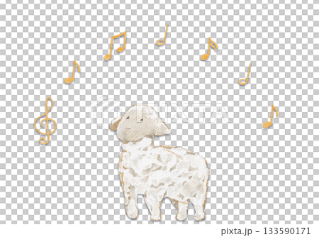 Lamb with musical notes and treble clef above. Watercolor round composition on textured blue background. Perfect for children themes, cards, nursery decor, lullaby design, packaging, creative projects 133590171