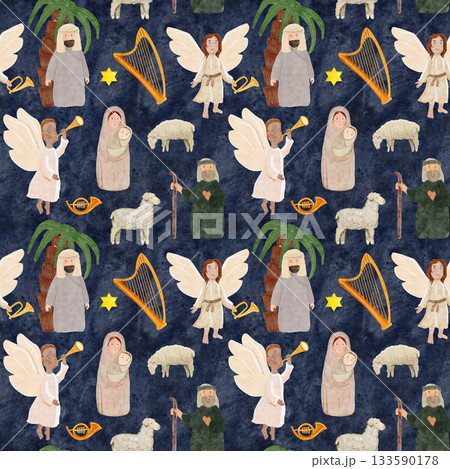 Nativity elements angels, Mary and baby, shepherd, palm trees, sheep, star, musical instruments. Seamless Christmas watercolor pattern ideal for fabrics, wrapping paper, Christian projects. Blue 133590178
