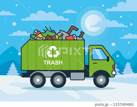 Green garbage truck for transporting trash. Green garbage truck for transporting trash. 133590460