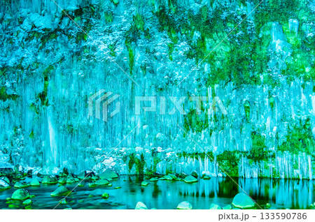 長野 白川氷柱群　ライトアップされた氷のカーテン 133590786