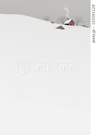 Minimalist snowscape with lonely country house and leafless trees on the hill covered by white snow have dusk sky behind graphic illustration vertical template have blank space. Minimalist snowscape with lonely country house and leafless trees on the hill covered by white snow have dusk sky behind graphic illustration vertical template have blank space. 133591129