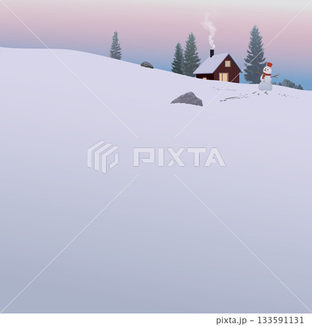 Minimalist snowscape with silhouette lonely country house, pine trees and snowman on the hill covered by snow have dramatic sky behind graphic illustration square template have blank space. 133591131