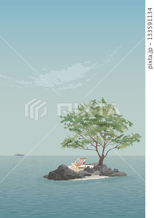 Beach chair on a deserted island in the middle of the ocean with blue sky vertical background illustrated have blank space. Vacation in summer concept. 133591134