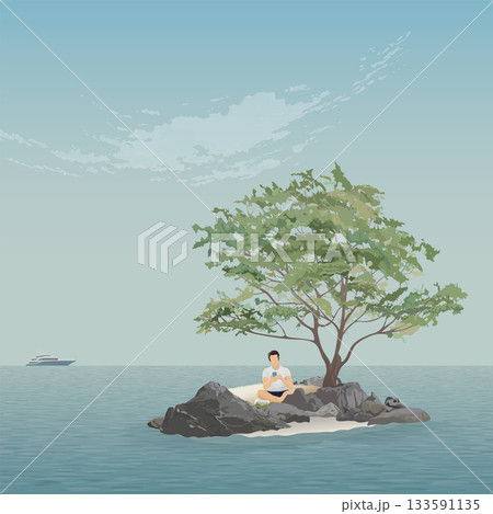 Man using smartphone on a deserted island in the middle of the ocean with blue sky square background illustrated have blank space. 133591135