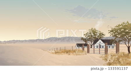 Country house in farmland in autumn have mountain ranges far away and vanilla sky background graphic illustration. Country house in farmland in autumn have mountain ranges far away and vanilla sky background graphic illustration. 133591137